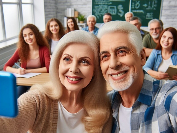 KI erzeugtes Bild zeigt Teilnehmende eines Seminars, im Vordergrund zwei weißhaarige ältere Personen.