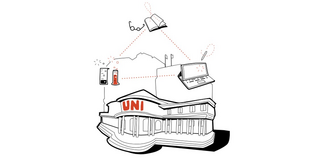 Zeichnung eines Gebäudes mit rotem Schriftzug "Uni". Darüber zwei Reagenzgläser, ein Buch und Lesebrille sowie ein Laptop, die mit gestrichelten Linien zu einem Dreieck verbunden sind.