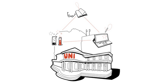 Zeichnung eines Gebäudes mit rotem Schriftzug "Uni". Darüber zwei Reagenzgläser, ein Buch und Lesebrille sowie ein Laptop, die mit gestrichelten Linien zu einem Dreieck verbunden sind.