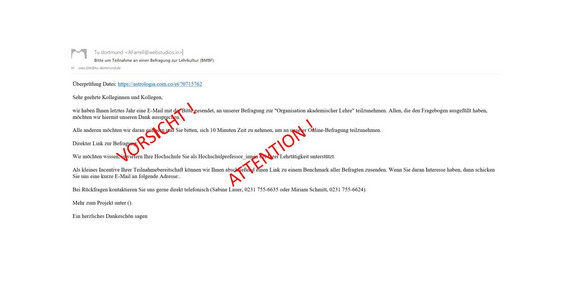 Screenshot der E-Mail mit Aufdruck Vorsicht/Attention